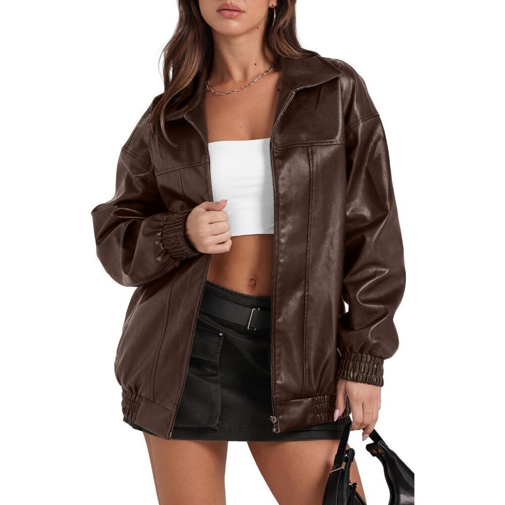 🆕Women Brown Faux Leather Oversized Motorcycle Bomber Jacket Coat